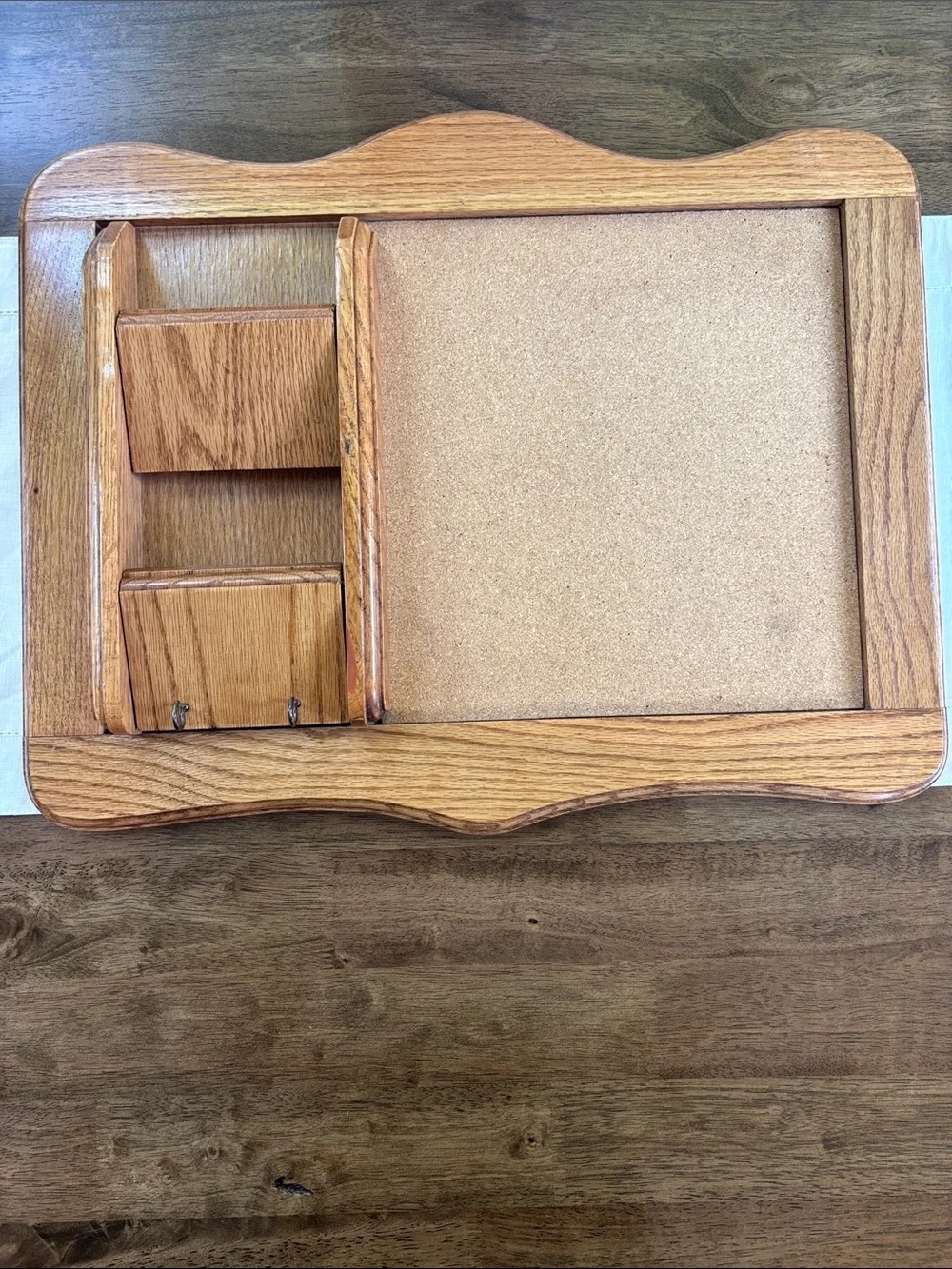 Vintage Oak Wood Wall Organizer with Cork Board, Mail Slots, and Key Hooks 22x16